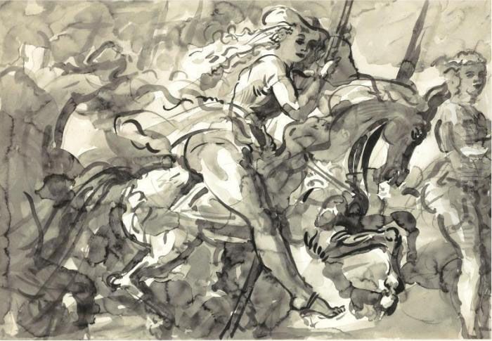 Carousel Rider And Locomotive: A Two-sided Work Oil Painting by Reginald Marsh