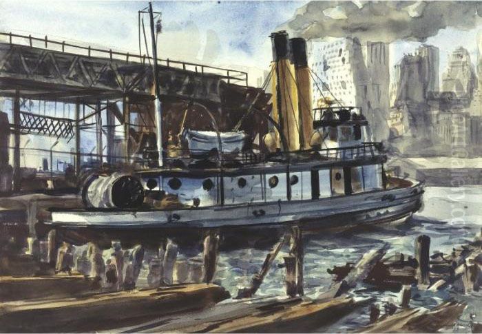 Tugboat At Dockside With New York City Skyline Oil Painting by Reginald Marsh