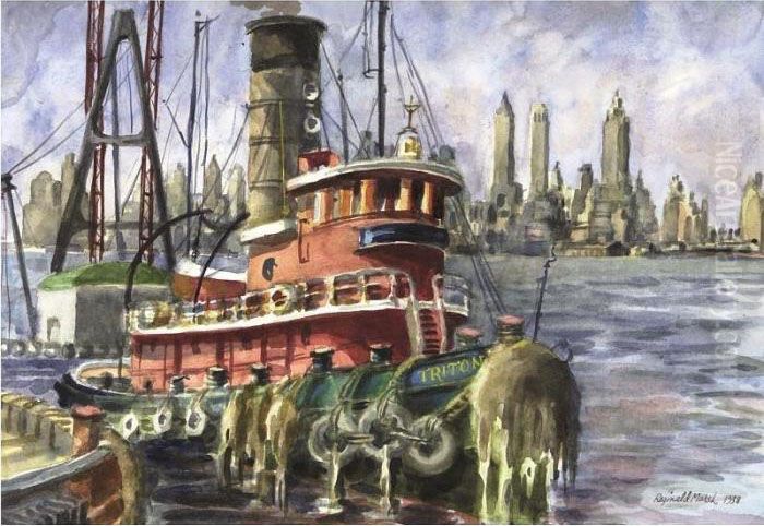 Tugboat In New York Harbor Oil Painting by Reginald Marsh