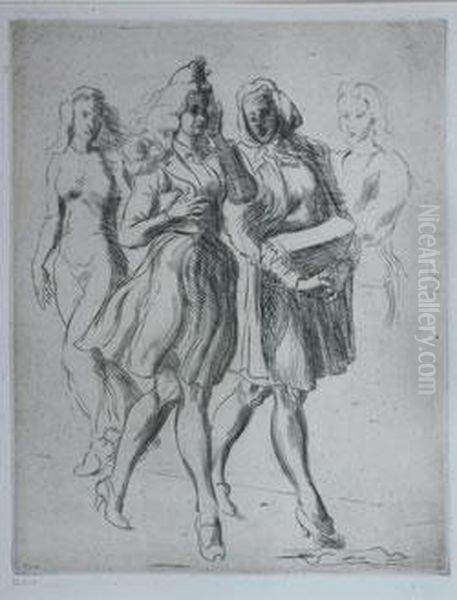 Two Girls Walking To The Right Oil Painting by Reginald Marsh