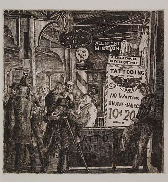 Tattoo-shave-haircut. Oil Painting by Reginald Marsh