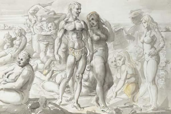 Coney Island Beach (russia Declares War On Japan) Oil Painting by Reginald Marsh