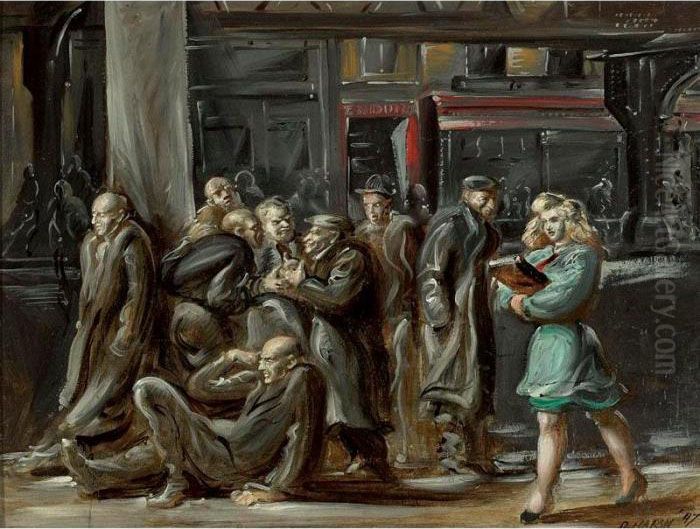 Girl In Green On The Bowery And Acrobats At Coney Island: A Double-sided Painting Oil Painting by Reginald Marsh