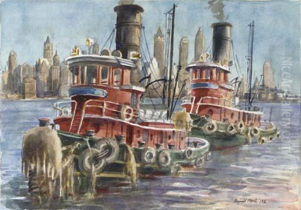 Tug Boats In New York Oil Painting by Reginald Marsh