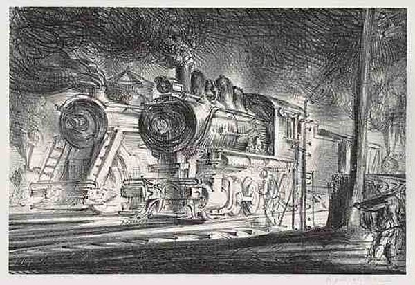 Switch Engines, Erie Yards, Jersey City, Stone 3<</b> Oil Painting by Reginald Marsh