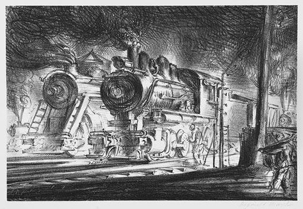 Switch Engines, Erie Yards, Jersey City, Stone No. 3 Oil Painting by Reginald Marsh