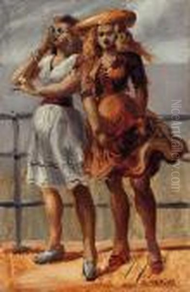 Two Women On A Bridge Oil Painting by Reginald Marsh