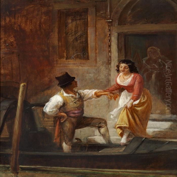 A Young Lady Isstepping Into A Gondola Oil Painting by Wilhelm Marstrand