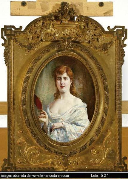 Pareja De Oleos Sobre Tablas 
Firmados Y Fechados En 1880. Con Decorativa Pareja De Marcos Isabelinos 
De Estilo Romantico En Madera Estucada Y Dorada, Con Elaborado Copete De
 Ninos Rodeados De Hojarasca En Torno A Un Cesto Con Flores. Su Intensa 
Pr Oil Painting by Ramon Marti Y Alsina