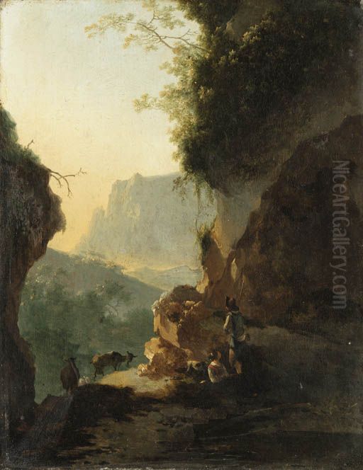 An Italianate landscape with peasants resting on a mountain path Oil Painting by Adam Pynacker