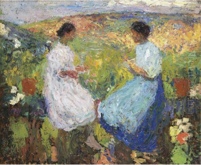 Deux Femmes Assises Face A Face Sur Une Balustrade De Pierre Oil Painting by Henri Martin