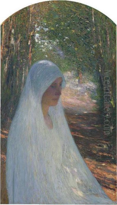 Jeune Femme Voilee De Blanc Dans La Foret Oil Painting by Henri Martin