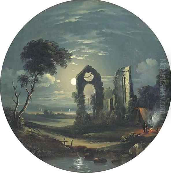 Figures camping next to ruins by moonlight Oil Painting by Sebastian Pether