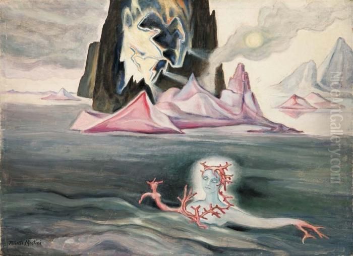 L'ile Electrique Dans La Mer Du Corail - 1940 Oil Painting by Alberto Martini