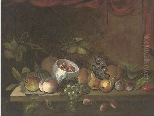 Grapes, pears, apples, plums, cherries, peaches, and a bowl Oil Painting by Maximilian Pfeiler
