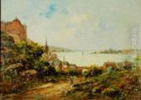 Figures On A Path By A Town And Harbour In The Distance Oil Painting by Gustave Mascart