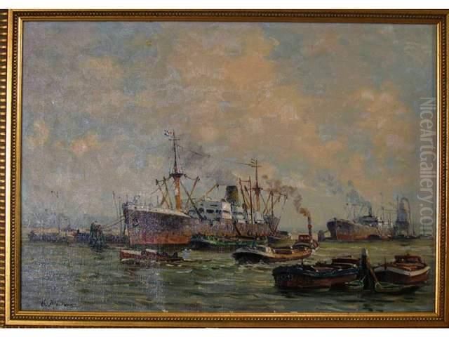 Bateaux Au Port Oil Painting by Gustave Mascart