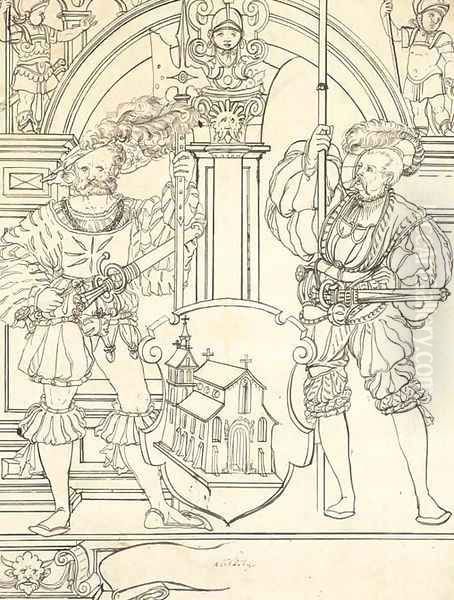 Two landsknechts flanking a shield with a church, under an arch Design for a stained-glass window Oil Painting by Hans Jakob Plepp