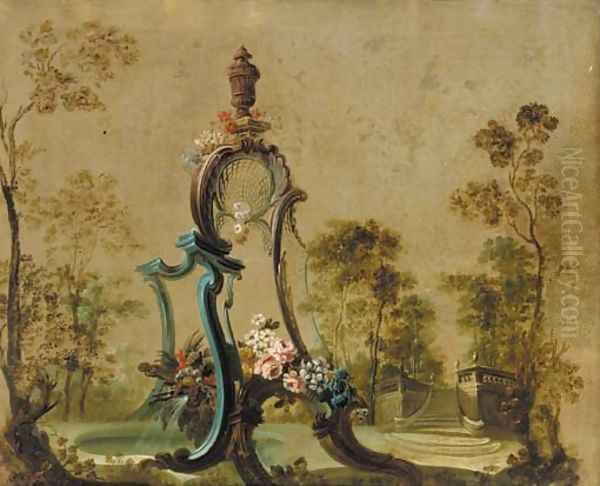 A decorative fountain in a garden Oil Painting by Jean-Baptiste Pillement