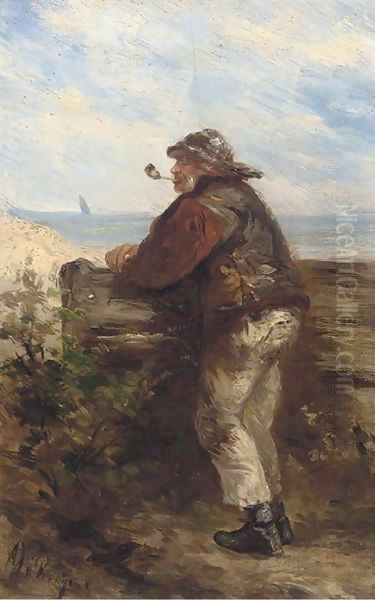 A fisherman looking out to see Oil Painting by Albert Jurardus Van Prooyen