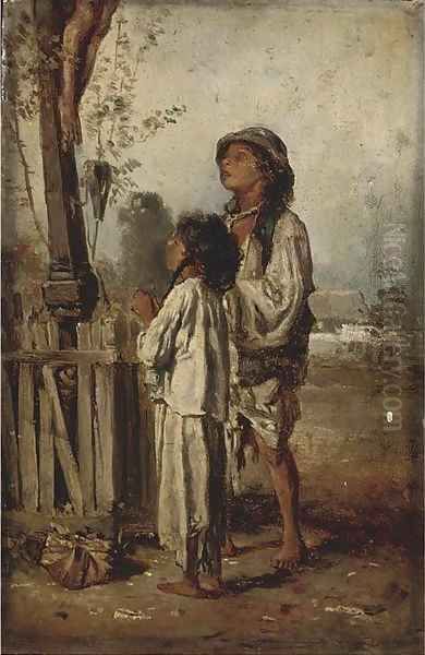 A prayer at the cross Oil Painting by August Xaver Karl von Pettenkofen