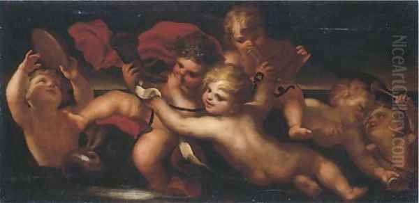 An allegory of Music, with putti playing music an overdoor Oil Painting by Domenico Piola