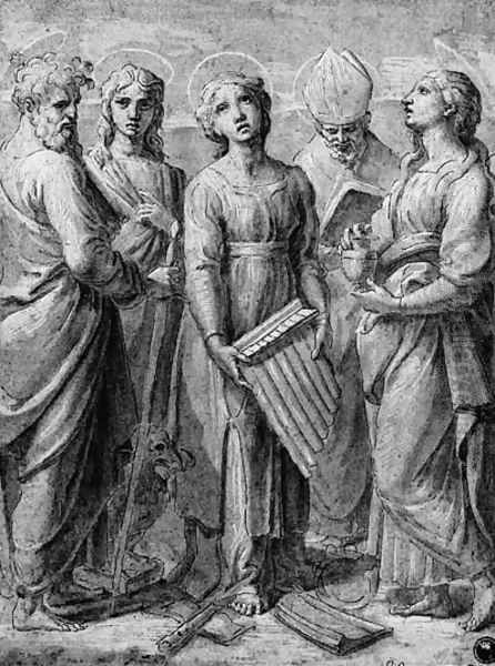 Saint Cecilia with Saints Paul, John the Evangelist, Mary Magdalen and a Bishop Saint Oil Painting by Giovanni Francesco Penni