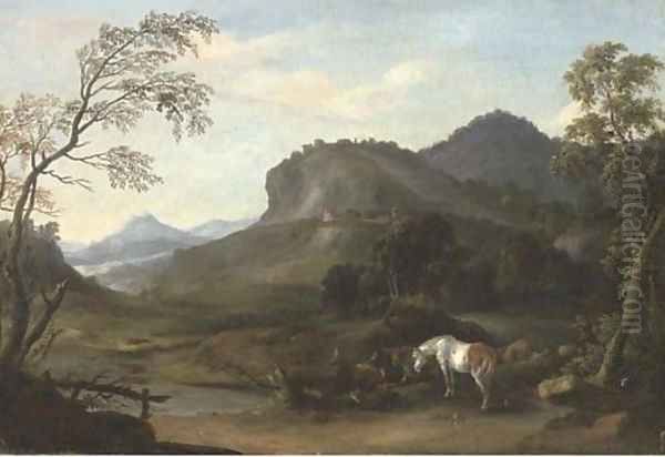 A mountainous river landscape with horses and cattle grazing by a tree Oil Painting by Wenzel Ignaz Prasch
