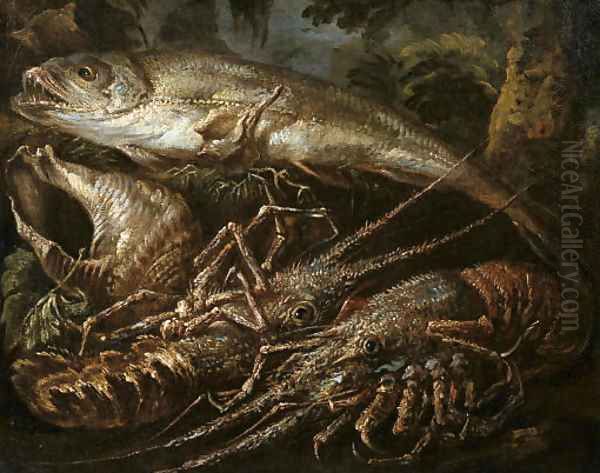 Still-life of two lobsters, a salmon and shells on a forest floor Oil Painting by Felice Boselli