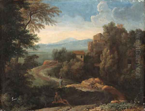 An Italianate landscape with figures by a path Oil Painting by Gaspard Dughet