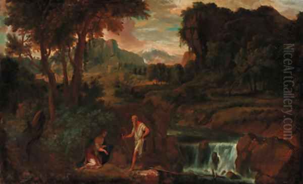 An extensive landscape with a woman and hermit saint by a rocky river Oil Painting by Gaspard Dughet