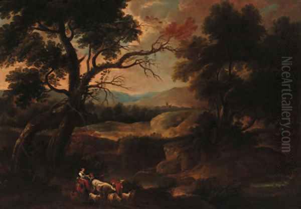 Drovers in a wooded landscape Oil Painting by Gaspard Dughet
