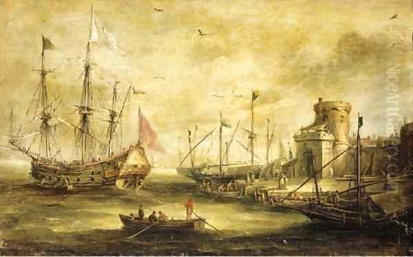 A Dutch port with a Man-of-War Oil Painting by Bonaventura, the Elder Peeters