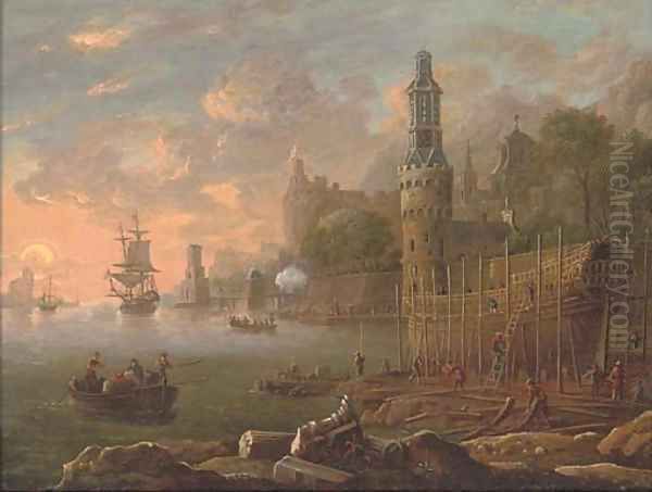 A Mediterranean coastal harbour with figures building a man'o-war, shipping beyond Oil Painting by Bonaventura, the Elder Peeters