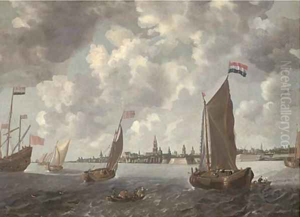 Frigates, smalschips and other shipping in choppy waters in an estuary Oil Painting by Bonaventura, the Elder Peeters