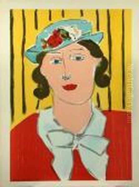 Dame Mit Hut. Farblithographie Aus 