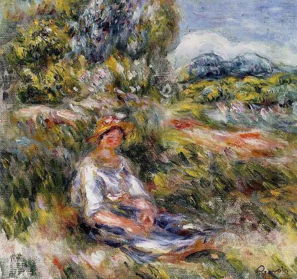 Young Girl Seated In A Meadow Oil Painting by Pierre Auguste Renoir