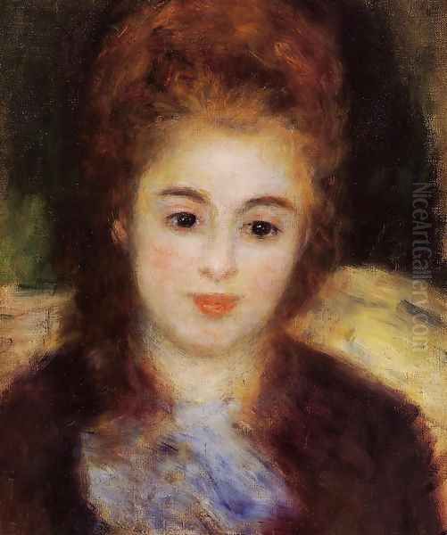 Head Of A Young Woman Wearing A Blue Scarf Aka Madame Henriot Oil Painting by Pierre Auguste Renoir