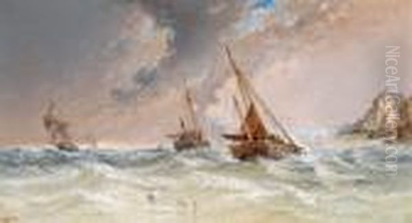 Barche Pescherecce Che Approdano
 In Mare Mosso Di Fronte Ad Una Cittadina Portuale In Inghilterra 
Meridionale Oil Painting by Arthur Joseph Meadows