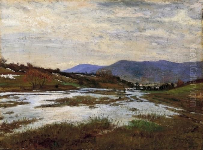 Spring Riverside Oil Painting by Laszlo Mednyanszky