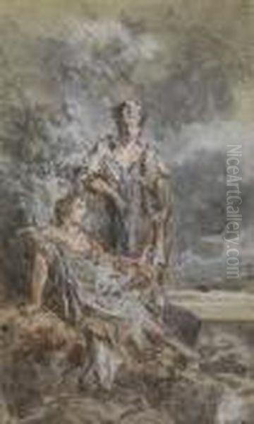 Deux Nymphes Dans Les Rochers Oil Painting by Jean-Louis-Ernest Meissonier