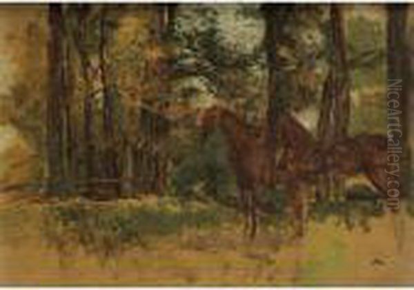 Etude De Chevaux [ ; Study Of 
Horses ; Oil On Panel ; Monogrammed Em ; On The Reverse Stamp Of The 
Meissonier Sale In 1893] Oil Painting by Jean-Louis-Ernest Meissonier
