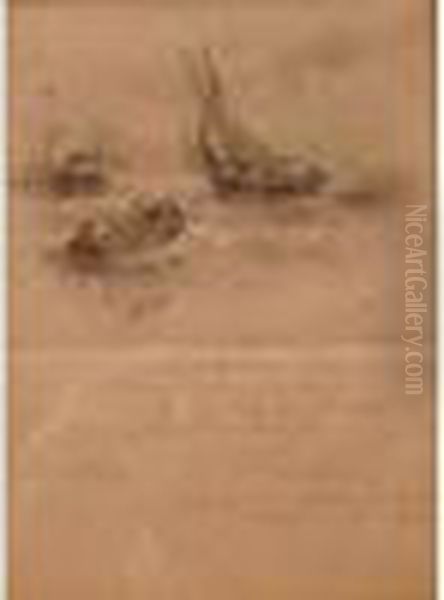 Cinq Dessins Au Crayon Encadres 
De Ces Divers Artistes 