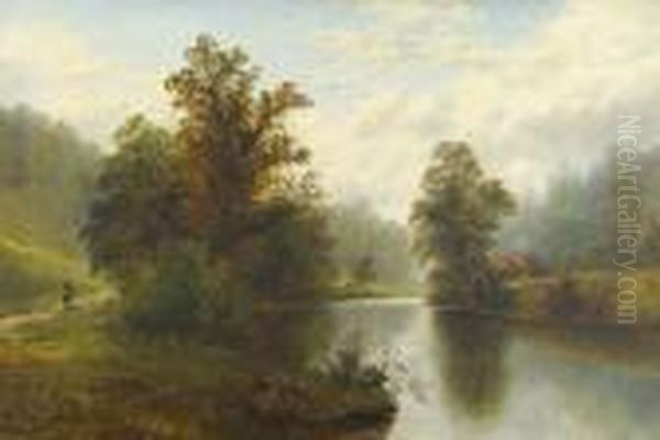 Summer River Landscape With A 
Girl On A Path, A Cottage Amongst Trees Nearby, Possibly A View In 
Wharfedale Signed Oil Painting by William Mellor