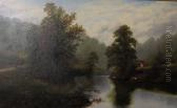 Cattle Watering In A River Landscape, Possibly The Wharfe Oil Painting by William Mellor