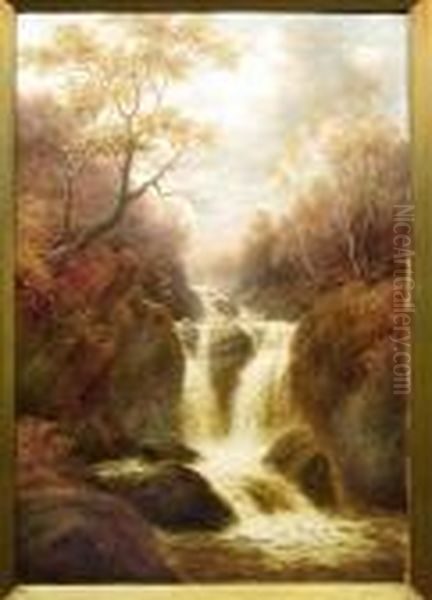 Woodland Interior With Waterfall Oil Painting by William Mellor