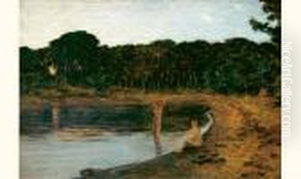 Jeunes Filles Au Bord Du Lac Oil Painting by Emile Rene Menard