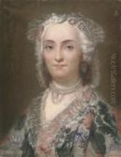 Portrait Of A Lady, Bust-length,
 In An Embroidered Dress With Lace, Wearing A Pearl Necklace And Pearl 
Earrings Oil Painting by Anton Raphael Mengs