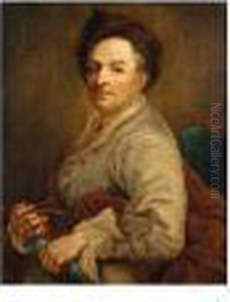 Portrait Of An Artist, Half 
Length, In A Grey Coat And A Fur Hat, Possibly A Self Portrait Oil Painting by Anton Raphael Mengs