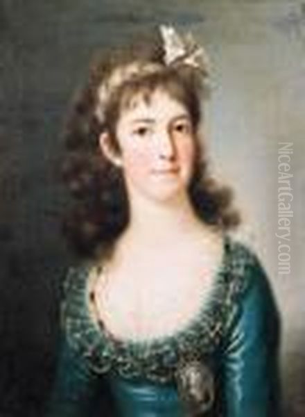 Portrait Of A Noblewoman, Half 
Length, Wearing A Blue Dress Withlace Collar, A Portrait Miniature On A 
Chain Around Her Neck, Aribbon In Her Hair Oil Painting by Anton Raphael Mengs